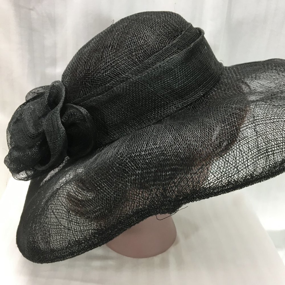 Black Cappelli Straw Sun Hat with Black Flower
